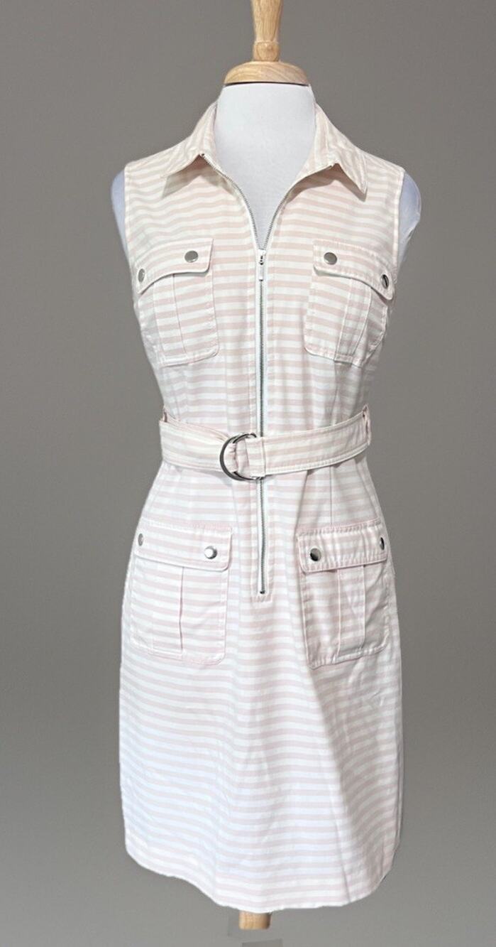 Sharagano size 10 Pink/White Stripe Belted Shirt Dress Coastal Casual